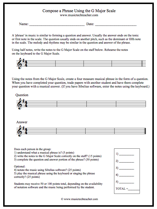 Compose a Phrase (Question and Answer) in G Major - Worksheet